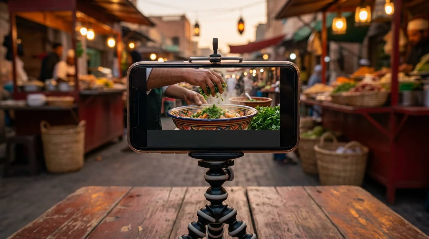 Editorial illustration of a phone on a tripod filming a street-food cooking video, with an empty caption bar at the bottom of the phone screen.