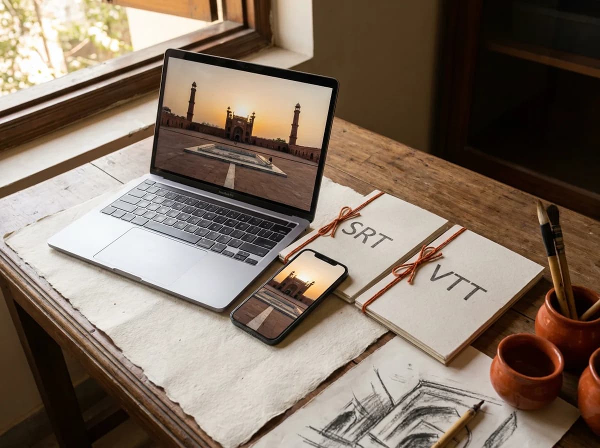 Editorial illustration of a laptop and phone showing the same mosque-courtyard video beside tied SRT and VTT document cards.