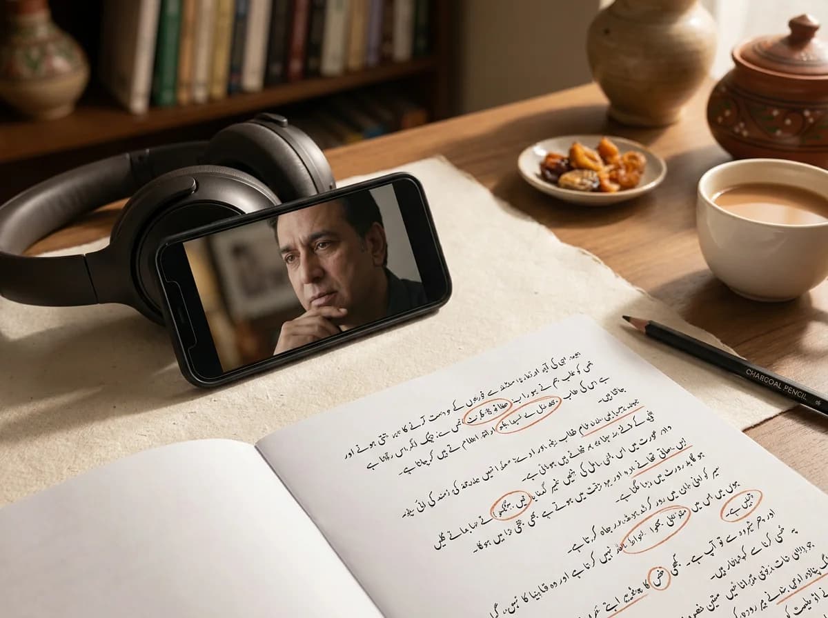Editorial illustration of headphones beside a phone showing an interview and a notebook with an annotated Urdu transcript.