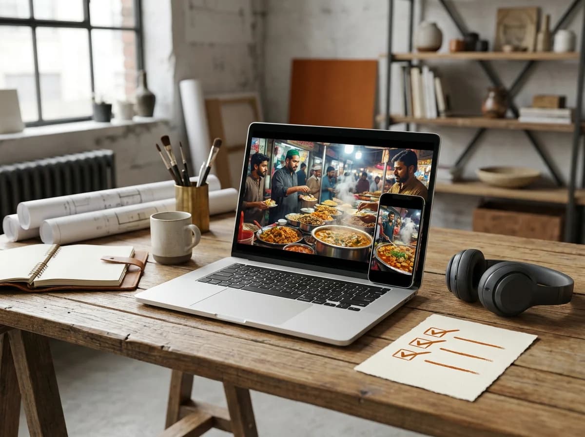 Editorial illustration of a laptop and phone showing a street-food video beside a handwritten checklist.