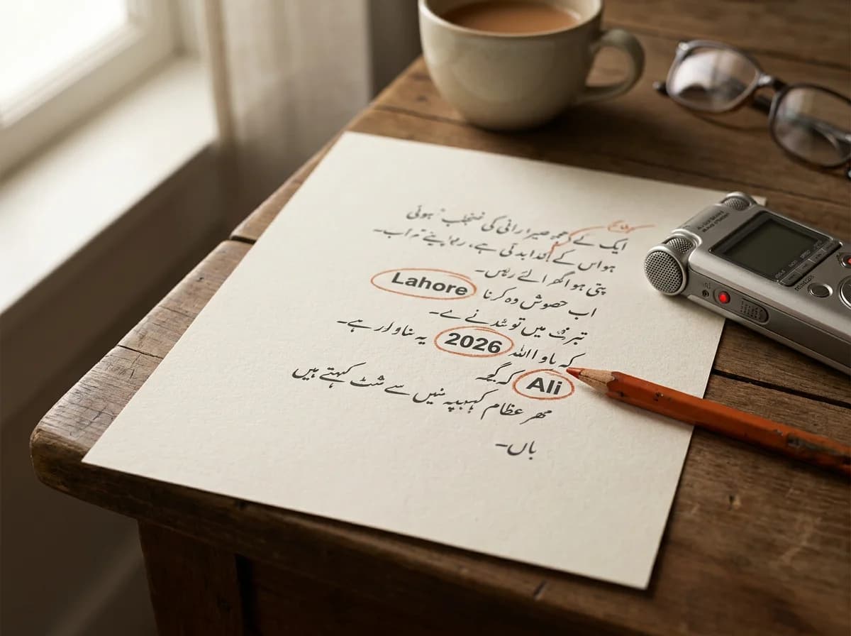 Editorial illustration of a handwritten Urdu transcript with the words ‘Lahore’, ‘2026’ and ‘Ali’ circled in orange beside a voice recorder.