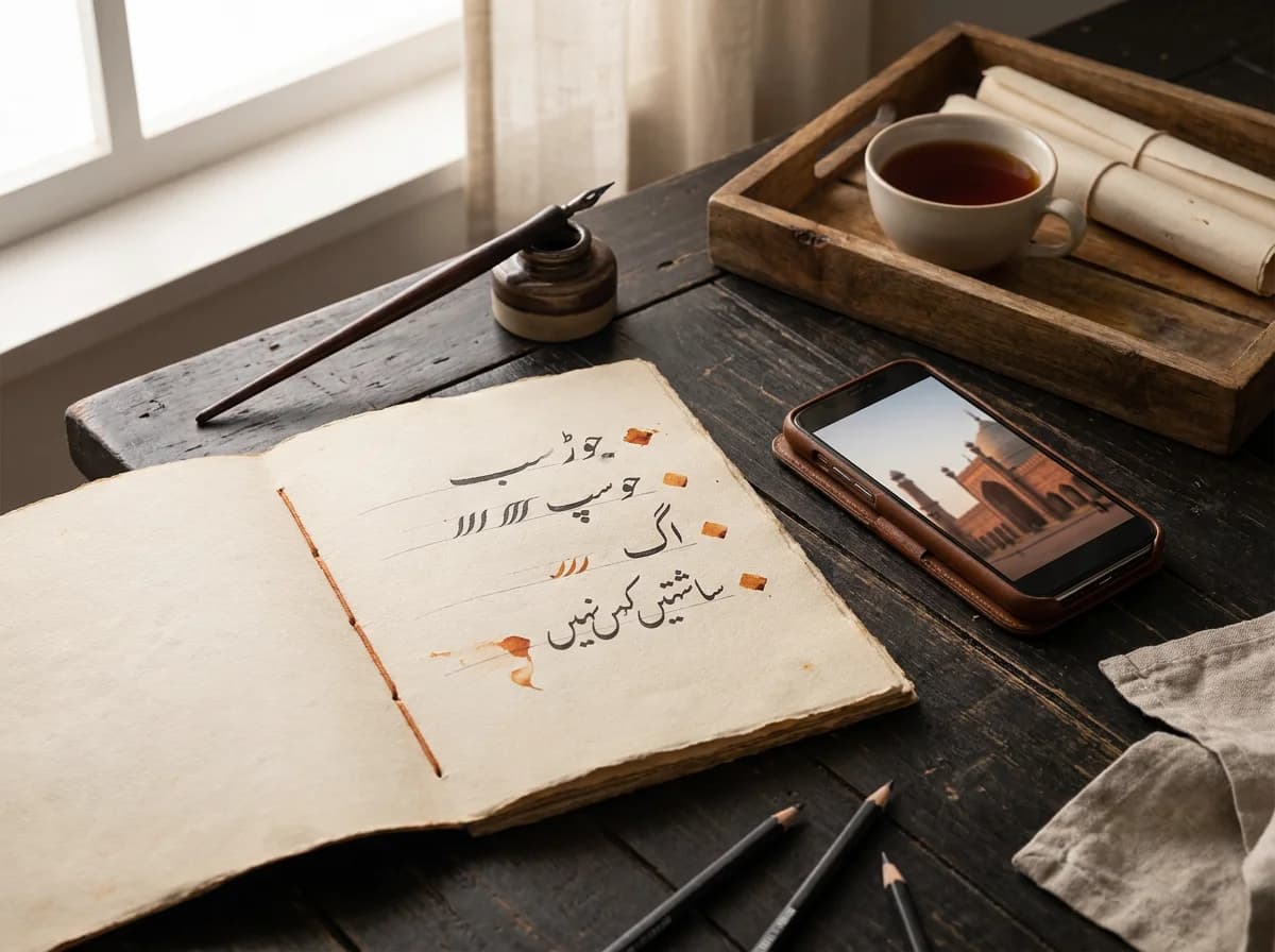 Editorial illustration of a Nastaliq calligraphy practice sheet beside a phone showing Lahore architecture.