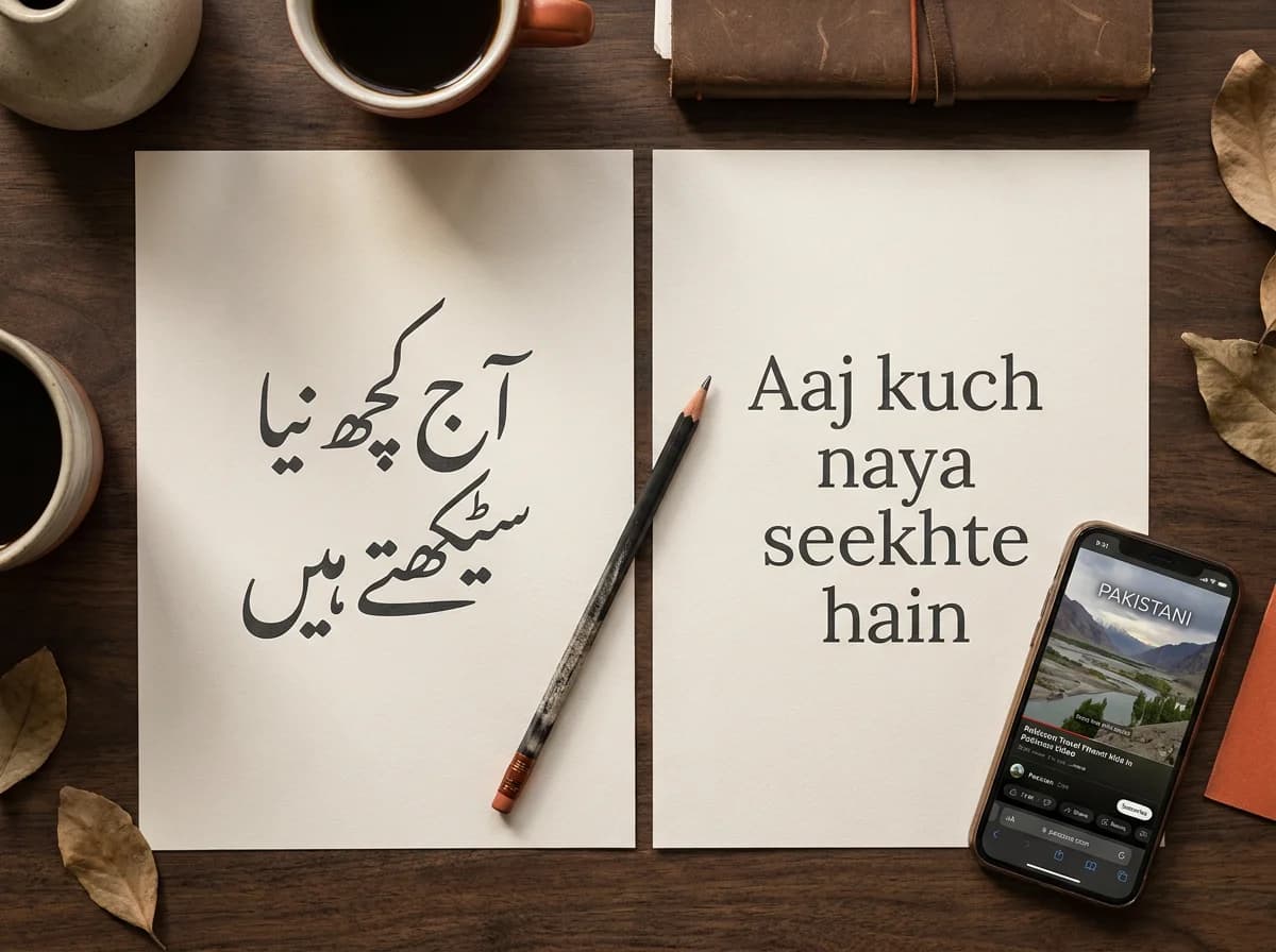 Editorial illustration of two paper sheets, one with Urdu calligraphy and one with a Latin-script sentence, beside a phone showing a Pakistani travel video.