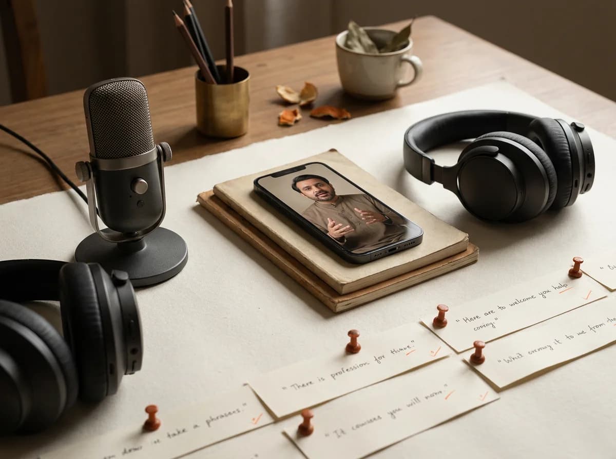 Editorial illustration of a microphone, headphones and pinned paper phrase strips beside a phone showing a speaking presenter.