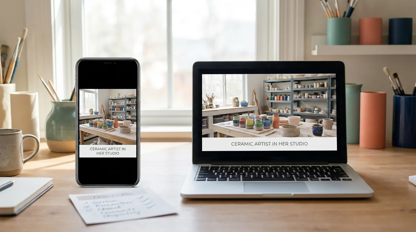 Editorial illustration of a phone and laptop showing a captioned ceramics-studio video (the burned-in caption shown is in English) beside a handwritten checklist.
