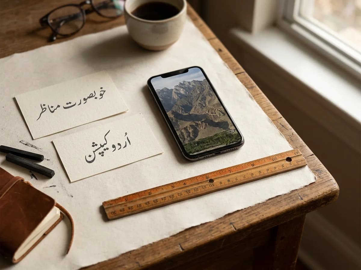 Editorial illustration of two paper cards with short Urdu phrases beside a phone showing a portrait mountain video and a ruler.
